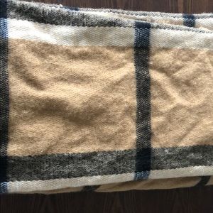Tan, black, and white plaid blanket scarf